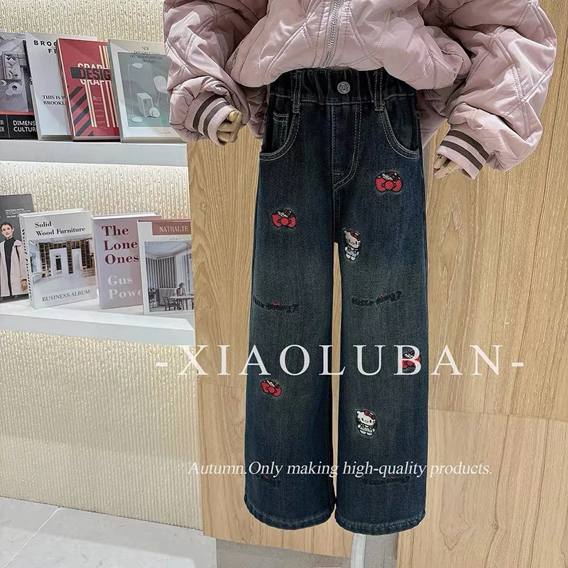 82531#女童中大童加绒韩版直筒牛仔裤洋气百搭重工刺绣图案一体绒
