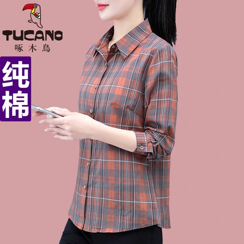 啄木鸟纯棉格子衬衫女长袖春秋新款中年妈妈洋气衬衣百搭外穿上衣
