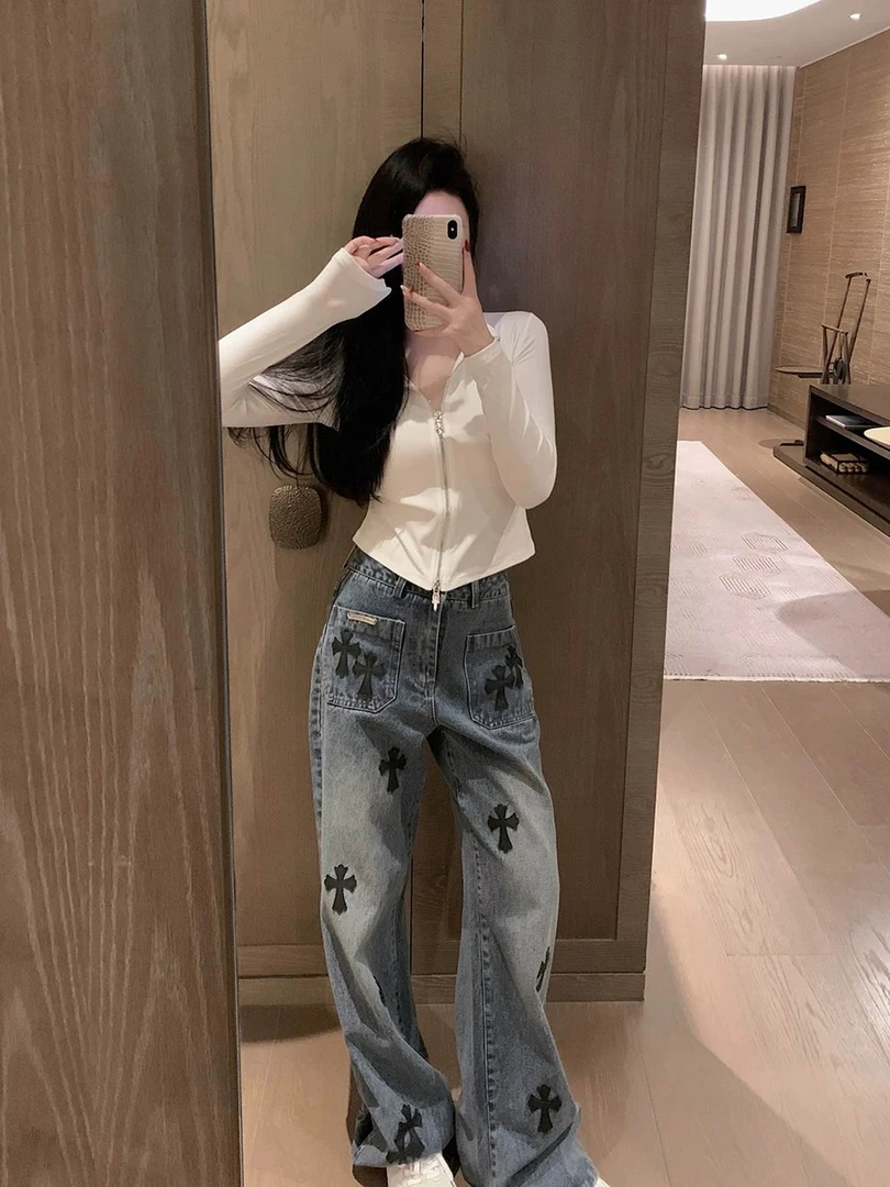 TY STUDIO汤圆前口袋十字架牛仔裤女2025新款皮标高腰阔腿瘦长裤