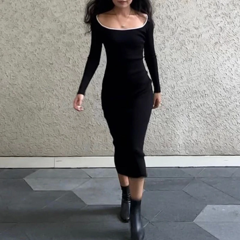 赫本裙黑色基础针织修身长袖秋冬打底连衣裙时尚简约显身材