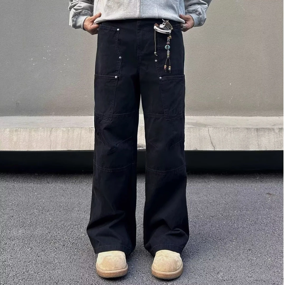 2025秋冬美式复古口袋设计工装牛仔裤男女宽松休闲阔腿直筒裤男