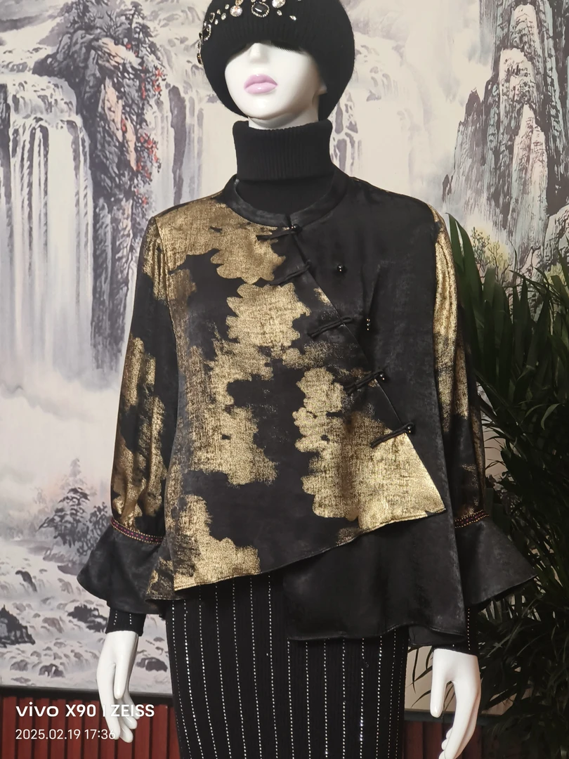 新中式立领斜襟盘扣黑色衬衫设计感国风唐装上衣