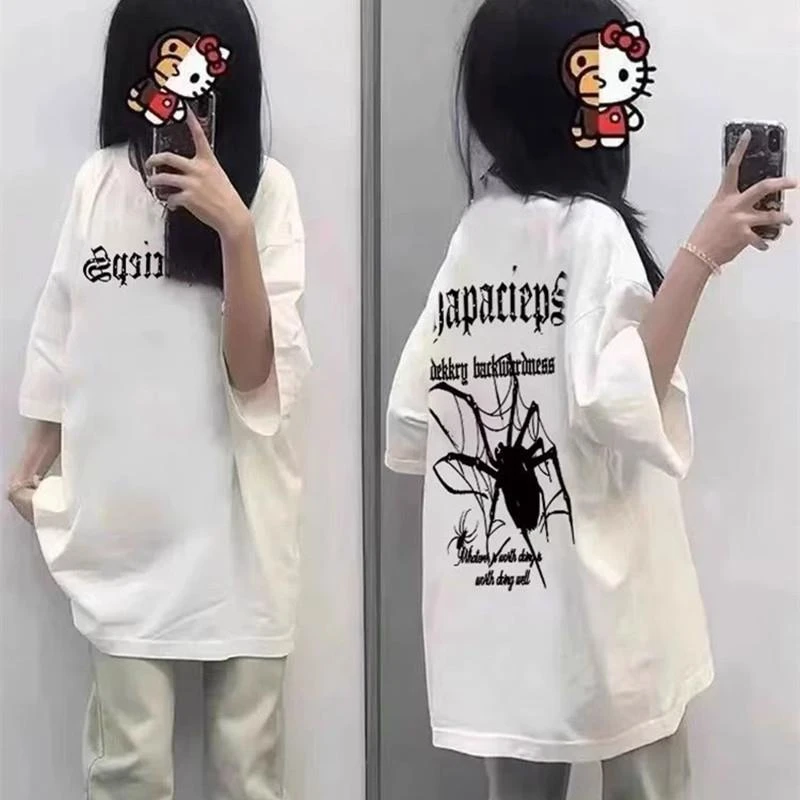 100%纯棉夏季字母蜘蛛印花短袖t恤女童街头潮牌半袖中大童体恤衫