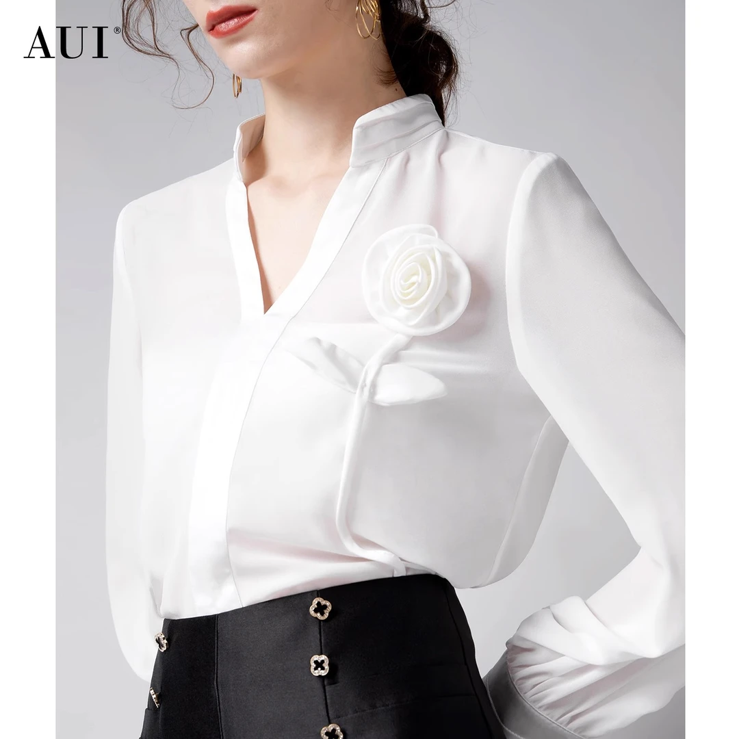 【媛媛女王专享】AUI白色上衣气质灯笼袖修身雪纺衬衣-24X064353C