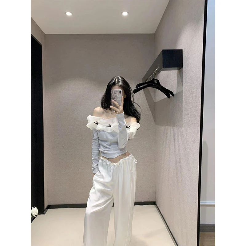 2025早秋季新款修身显瘦网红穿搭露肩上衣休闲简约阔腿长裤套装女