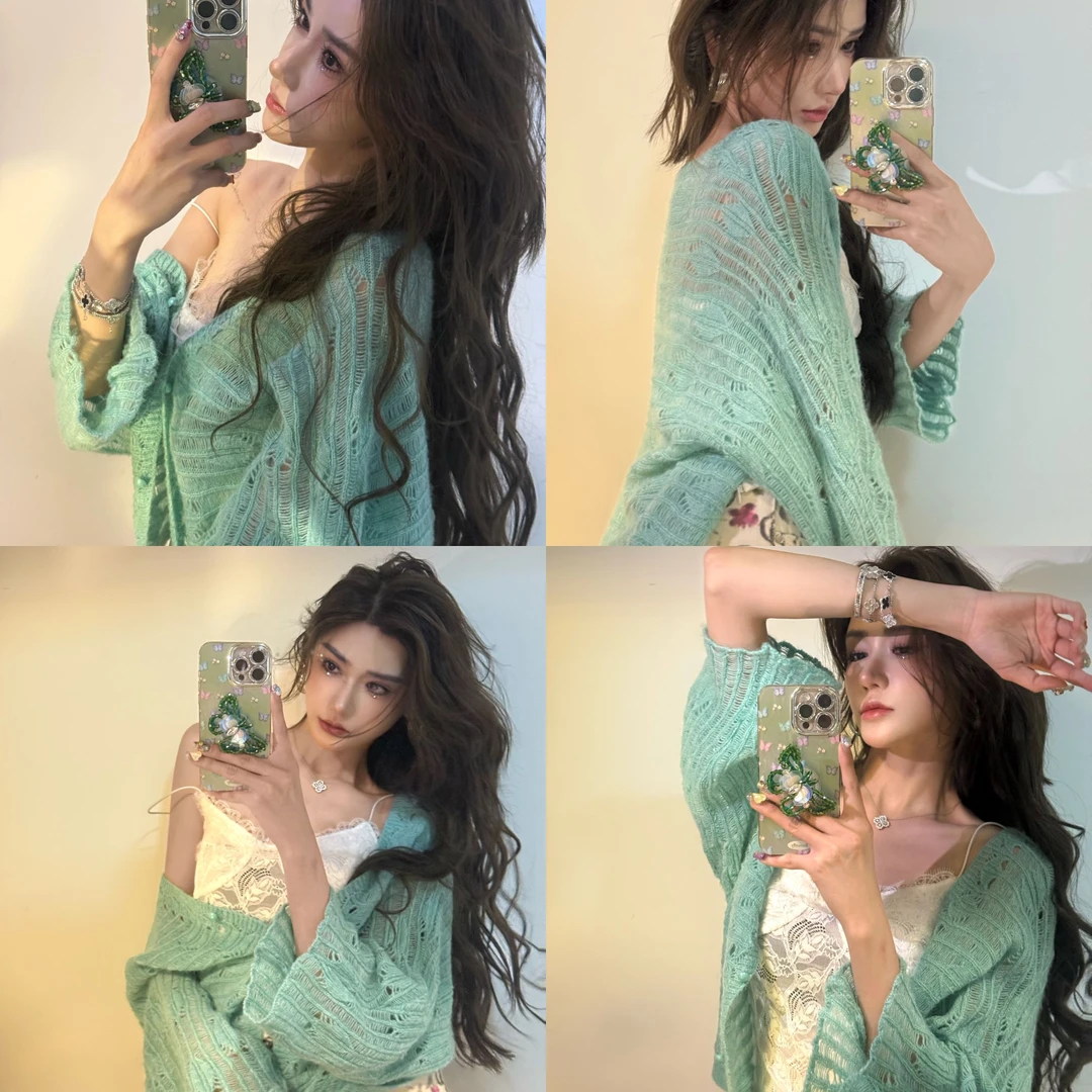 （浠儿姐姐）2025春夏新款气质长袖洋气薄荷绿针织开衫短款薄款镂空