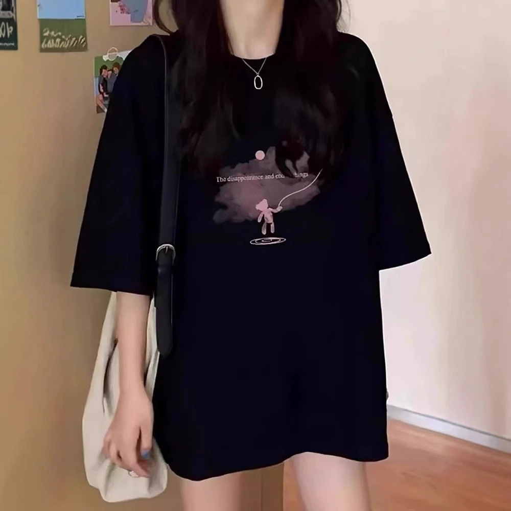 2025新款欧货纯棉中长款t恤女下衣失踪宽松设计黑色大版短袖上衣