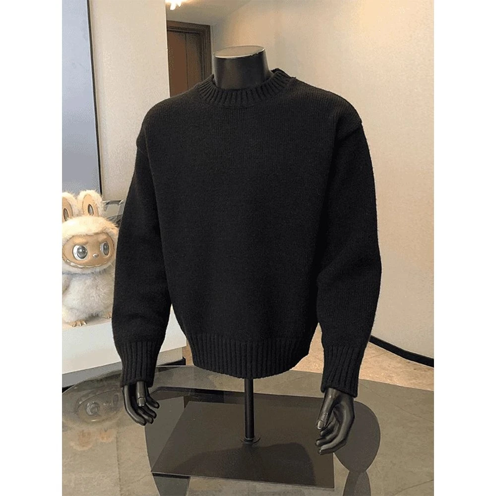 黑色圆领毛衣男款冬季慵懒风高级感痞帅风内搭打底cleanfit针织衫