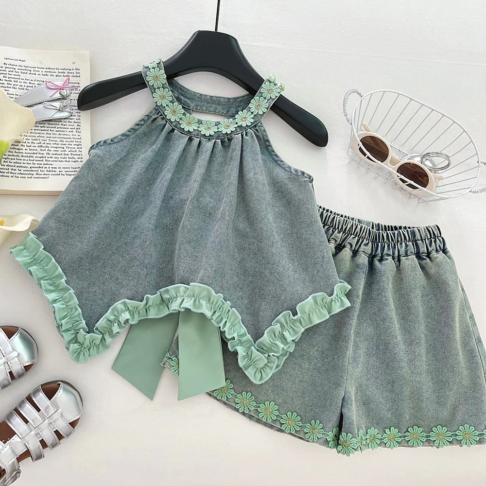 女童牛仔短裤套装夏季2025新款可爱萌洋气时髦花边露背上衣两件套