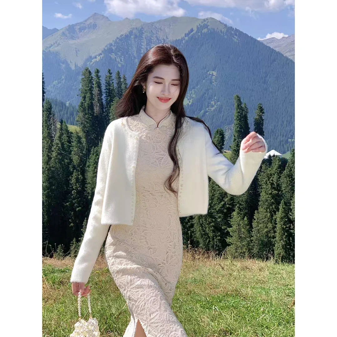 凌茜恣禾【昭君绒语】法式千金风仿貂毛短款开衫珍珠气质上衣外套