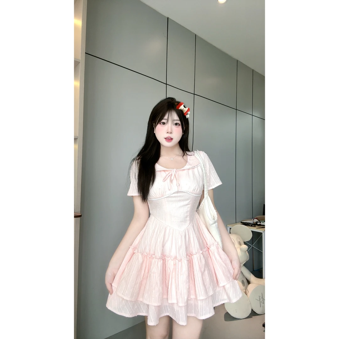 【初熟甜桃】9288 胖mm夏季甜美可爱收腰显瘦正肩100棉A字连衣裙