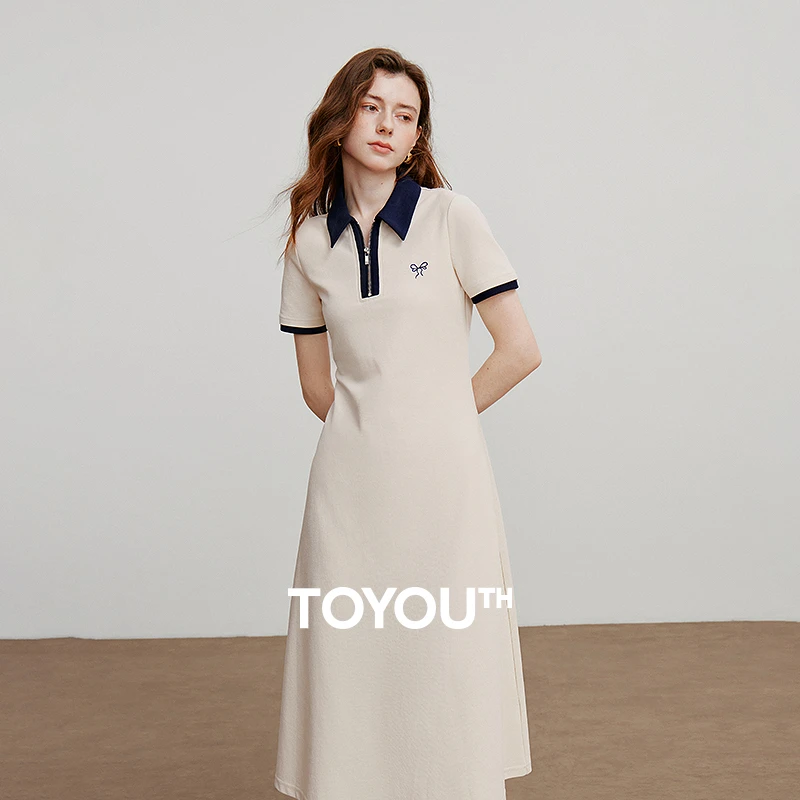 初语撞色拉链POLO领连衣裙女2025夏轻运动珠地棉中长裙8529146