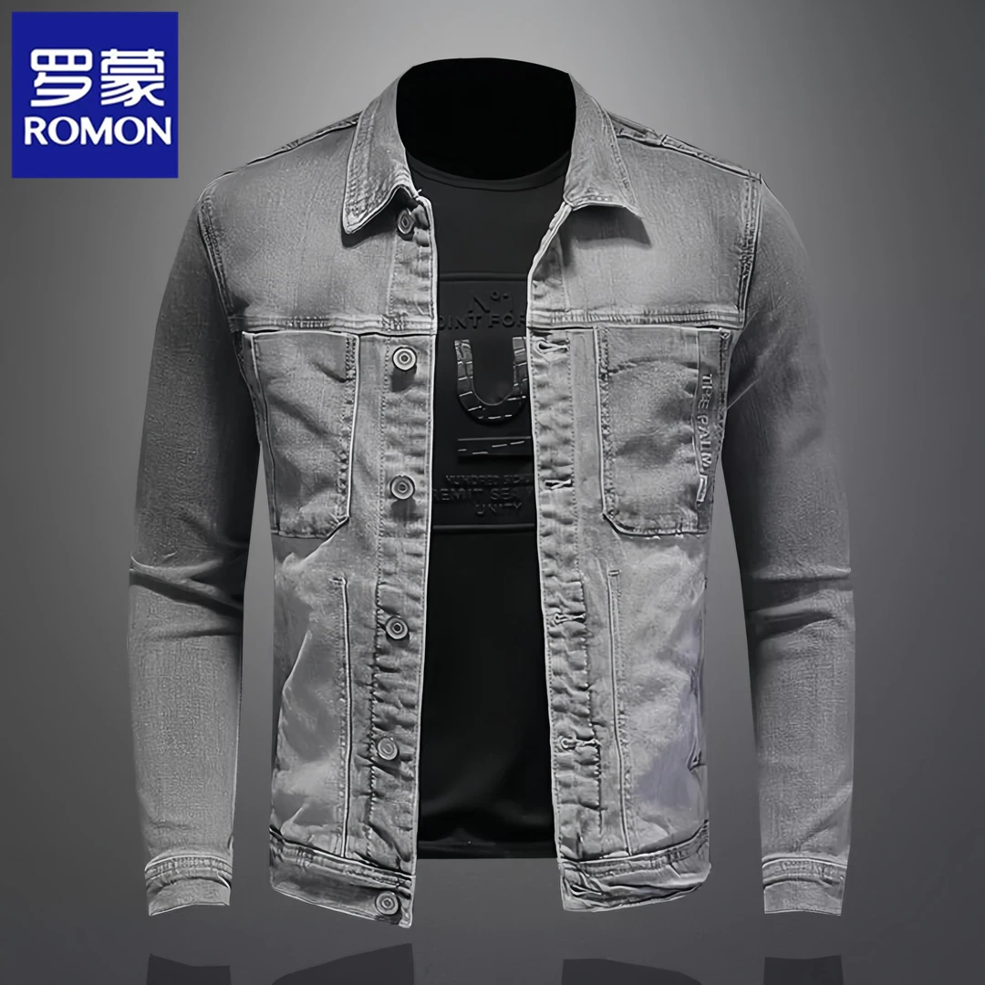 罗蒙牛仔外套男士韩版修身青年翻领夹克春秋款多口袋机车上衣潮流