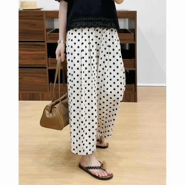 【燃燃定制】150小个子棉麻波点裤夏季新款直筒裤-8951