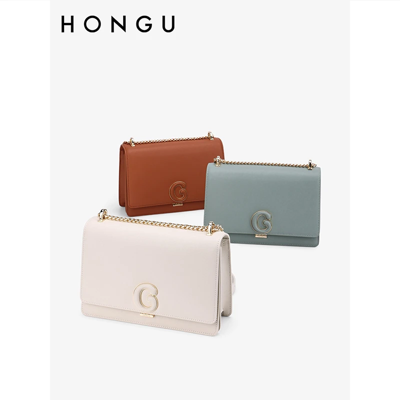 HONGU/红谷新款牛皮经典百搭女士单肩小方包时尚斜挎包腋下女包