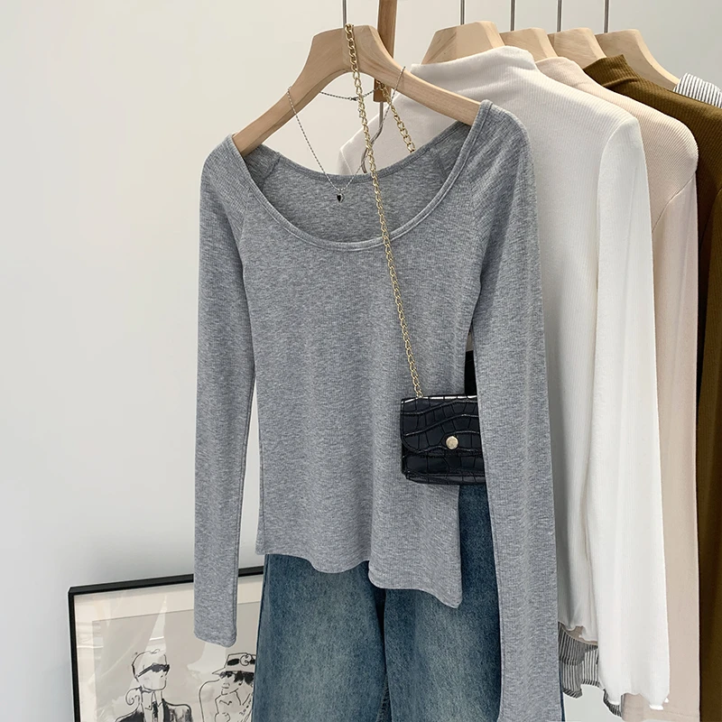 【Q】大圆领螺纹坑条长袖T恤2025新款百搭修身显瘦上衣240561