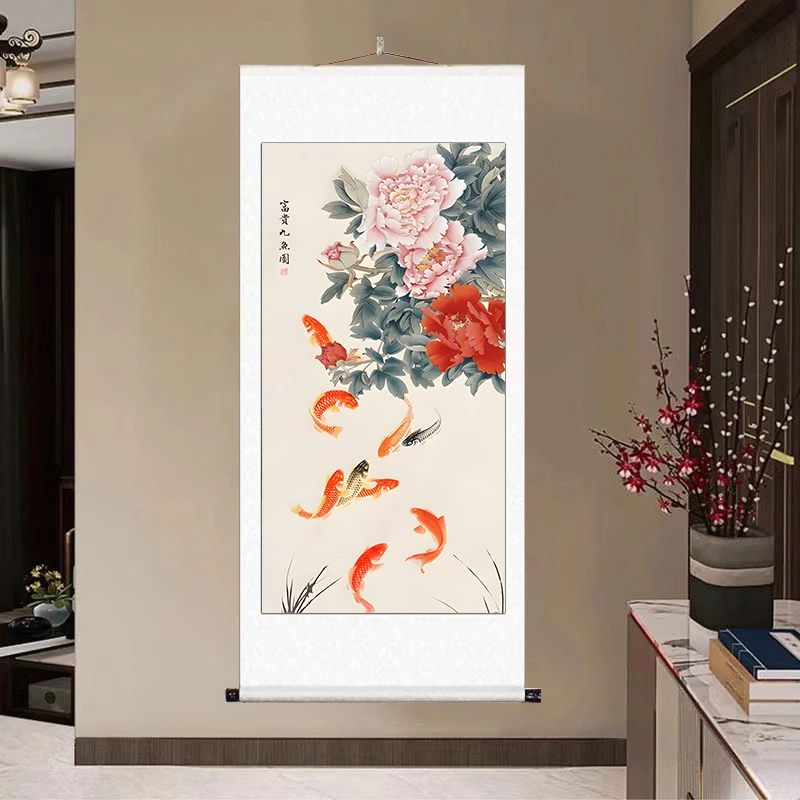 《富贵九鱼图》大气背景墙竖幅挂画国风山水靠山图风景装饰画玄关N3