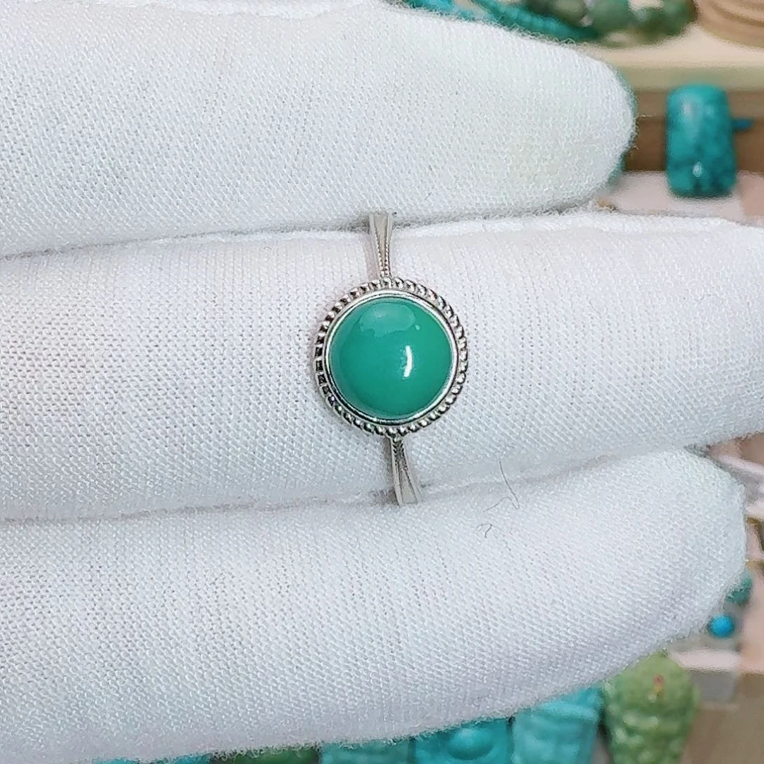 绿松石银S925镶嵌珠宝奇石简约玉华绿戒指