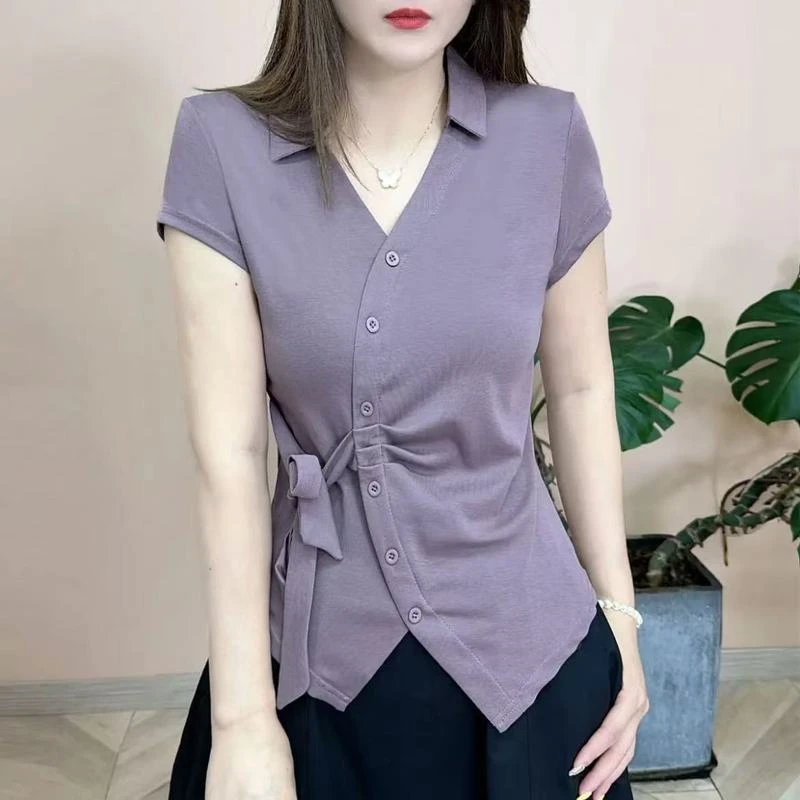 夏季新款女士上衣时尚洋气百搭修身显瘦个性纯色设计感短袖小衫