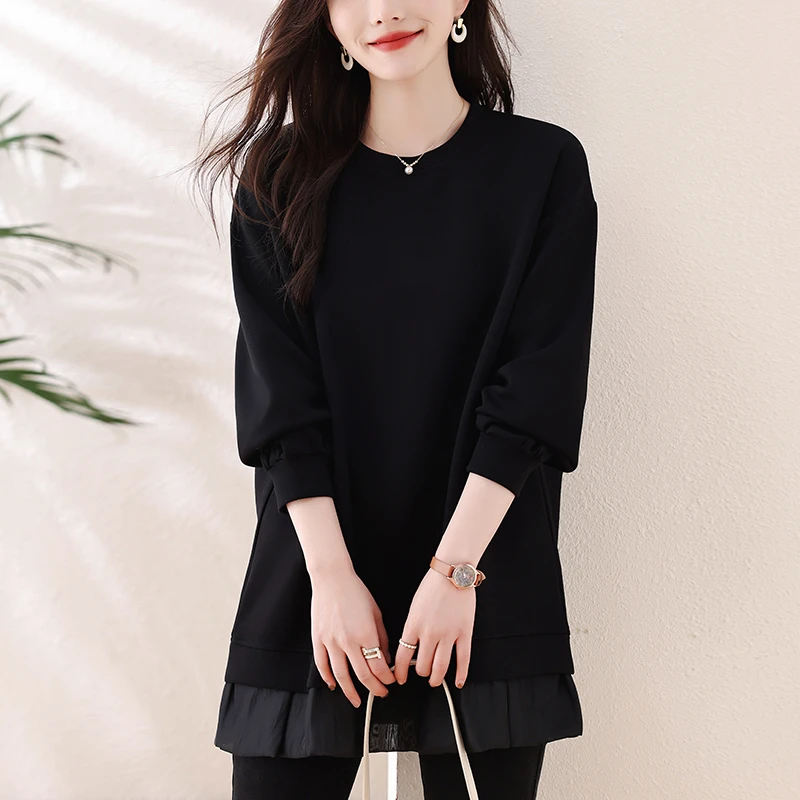大码宽松休闲卫衣女2025春秋新款胖mm高级感显瘦荷叶边中长款上衣