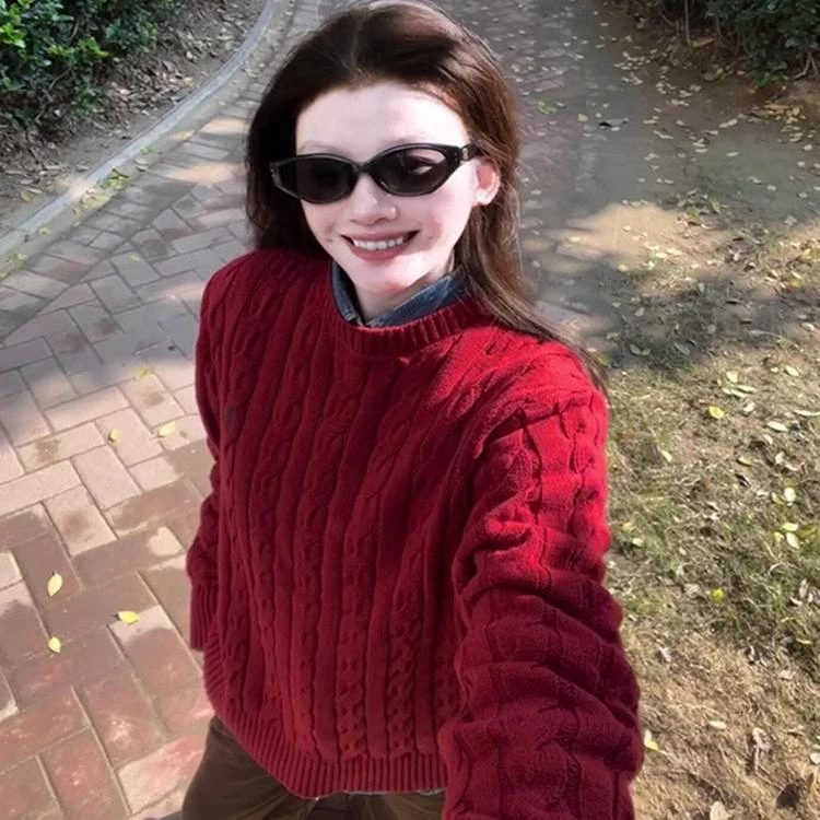 圣诞节穿搭红色麻花毛衣女款2025新款秋冬季宽松慵懒风针织衫上衣