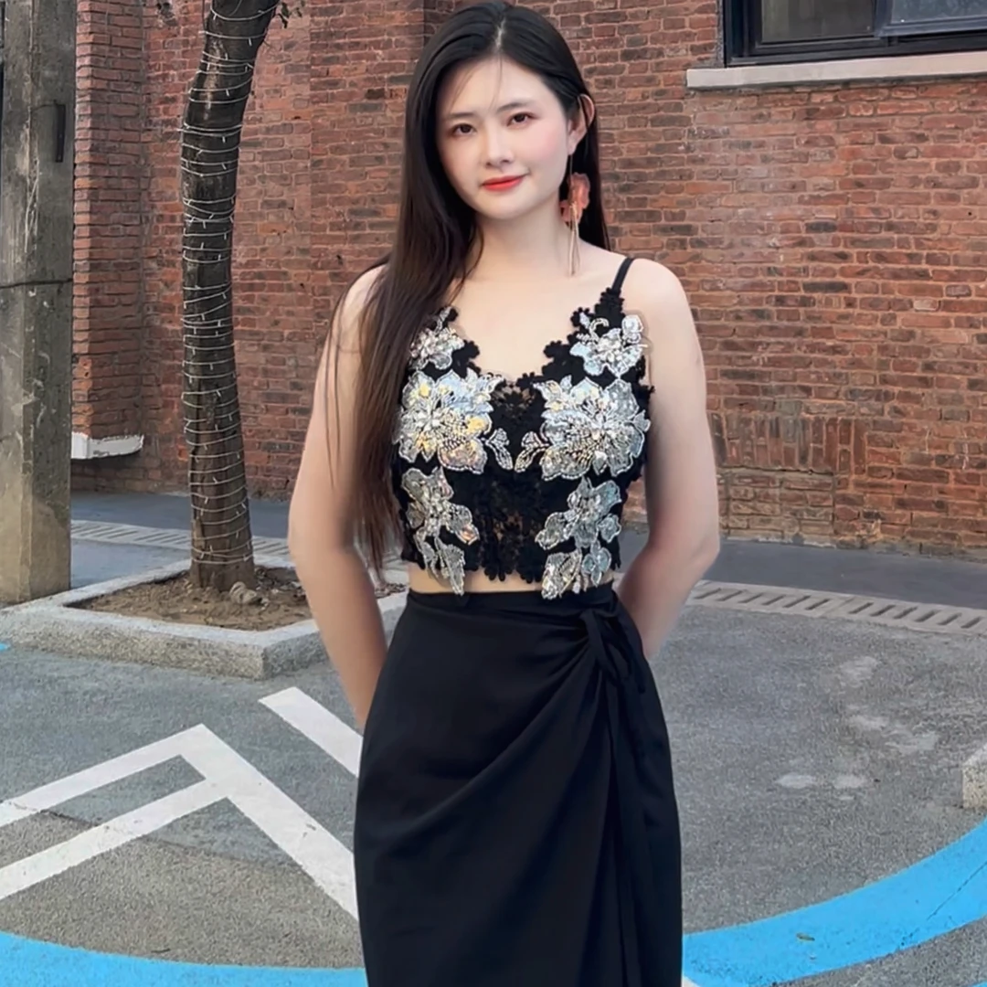 灰小猫 夏季复古重工订珠带胸垫吊带背心上衣+一片式半身裙套装女