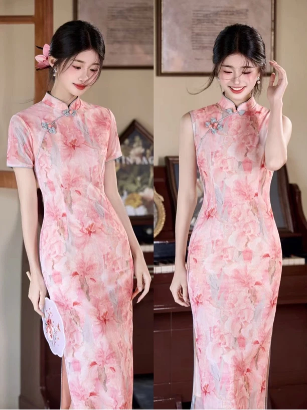 荷【桃妖】夏季爆款月影纱时尚优雅修身显瘦新中式减龄旗袍（长120）