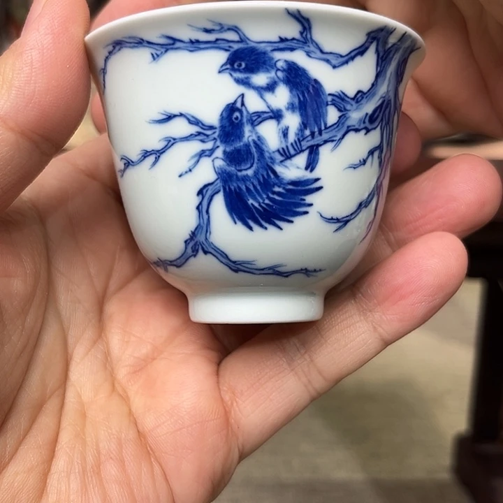 瓷杯子青花花鸟杯子