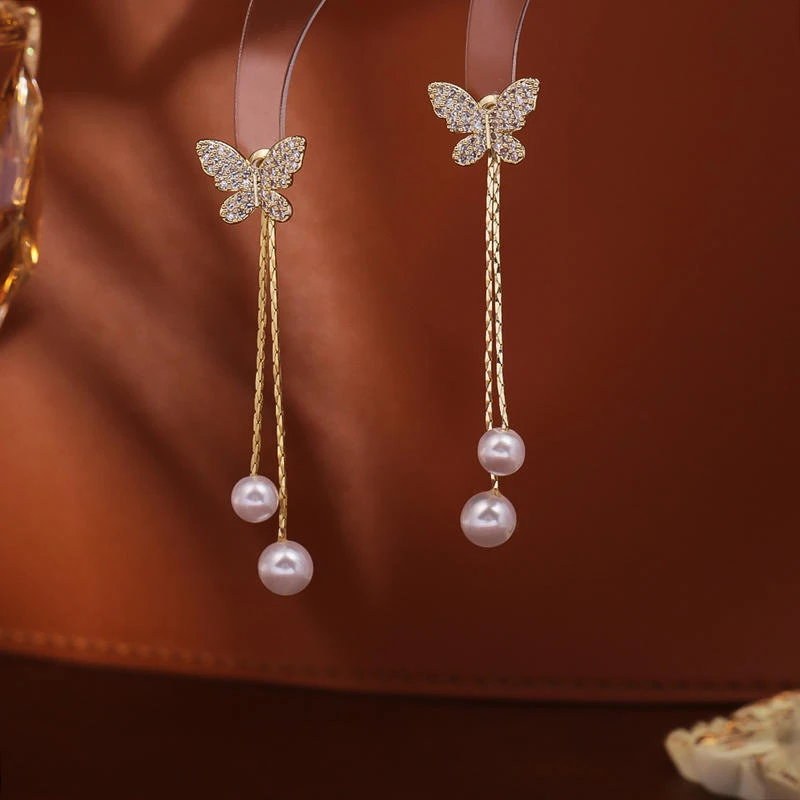 气质长款锆石蝴蝶流苏耳钉一款两戴时尚高级感耳饰精致女神范耳环