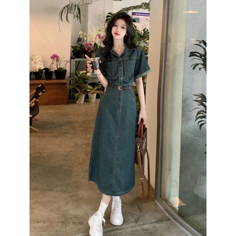 复古收腰牛仔连衣裙女夏季新款法式高级感小个子气质港风长款裙子