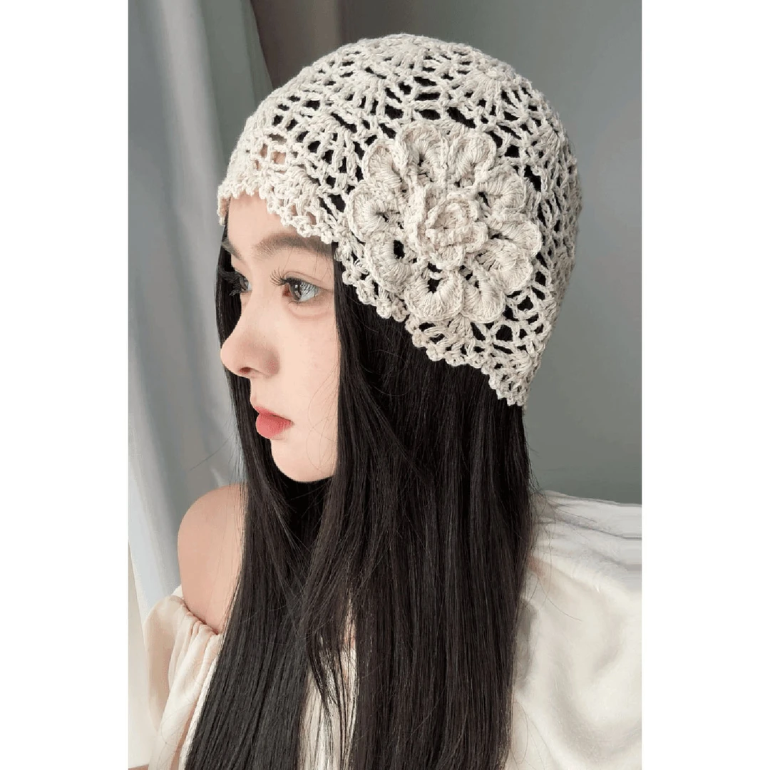 2025新款手工钩花镂空花朵针织帽女夏季薄款透气时尚民族风包头帽