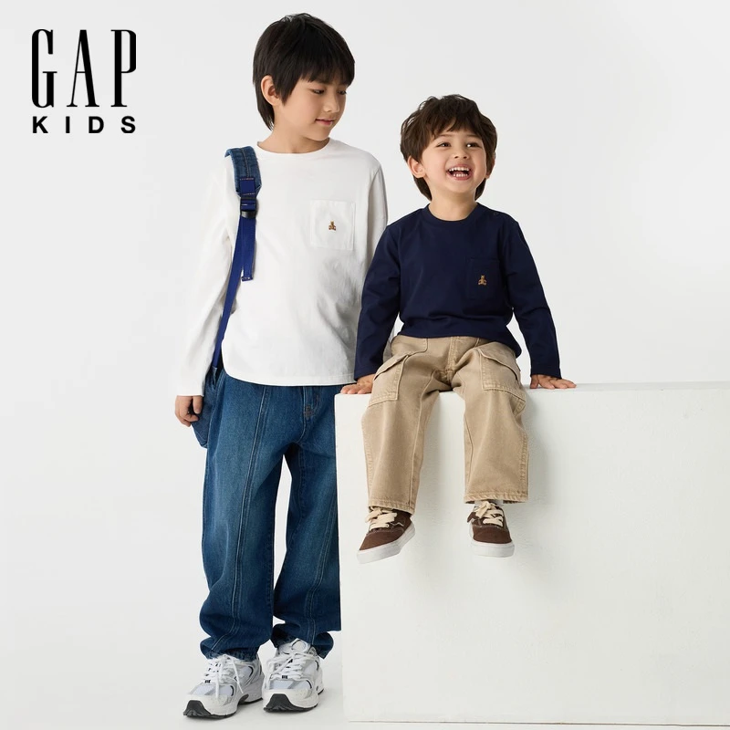 【达人专属】Gap男女童2025春季新款小熊logo纯棉长袖T恤687266