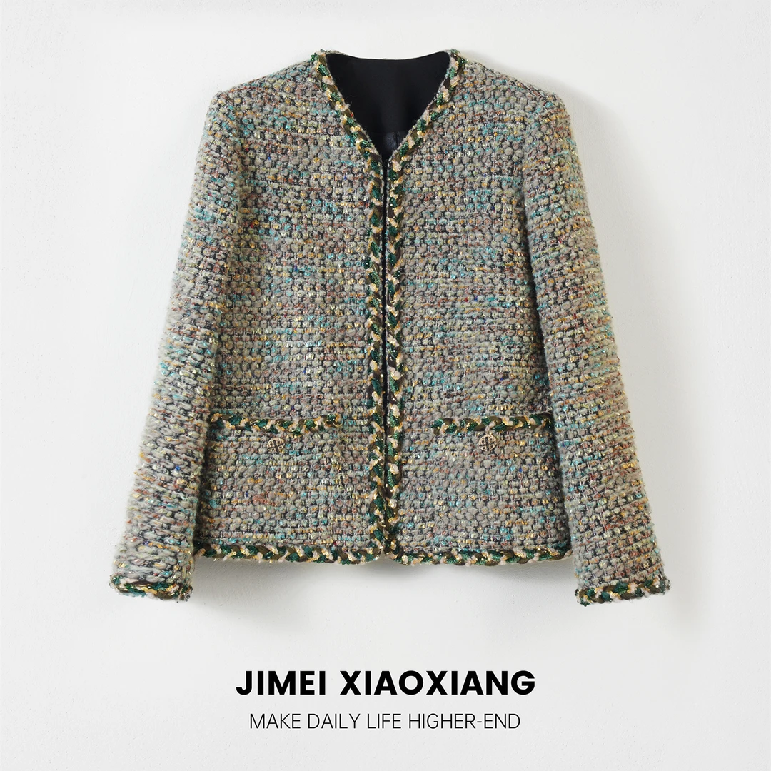 法式绿色小香风圆领编织粗花呢外套