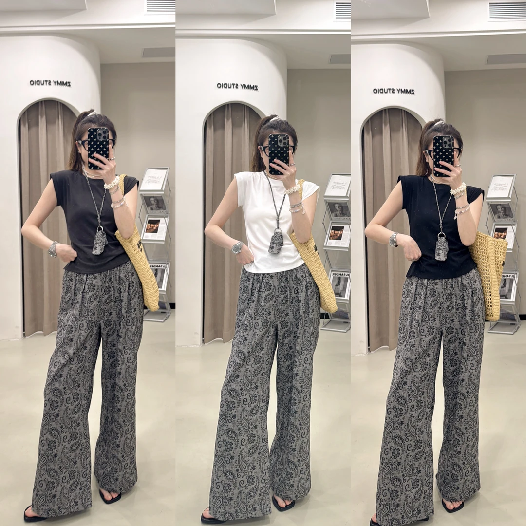 【ZMMY严选私服】夏季新款时尚显瘦收腰短袖T恤+印花阔腿裤5041301