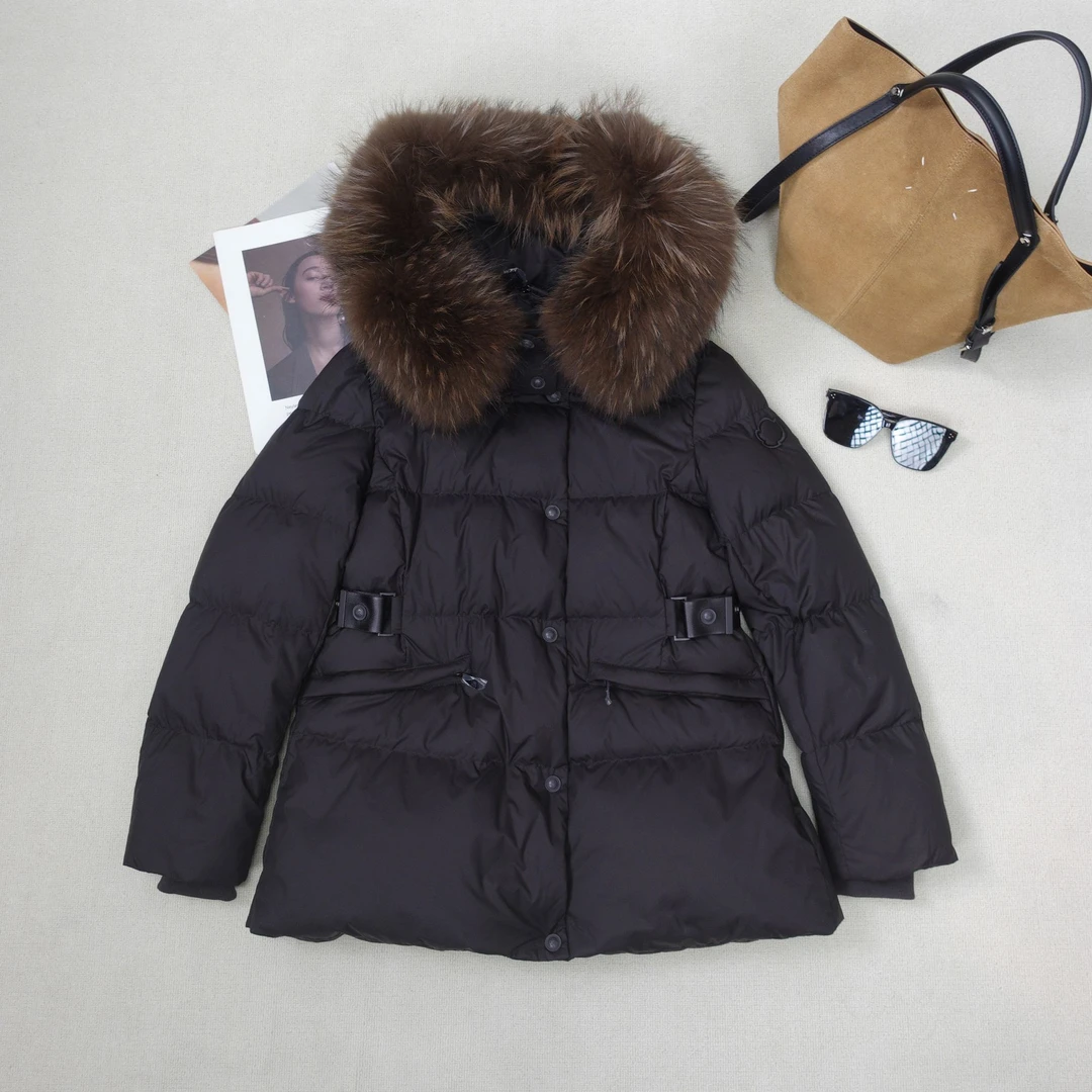 狐狸毛连帽中长款保暖百搭简约羽绒服黑色百搭瘦腰轻薄时尚休闲00
