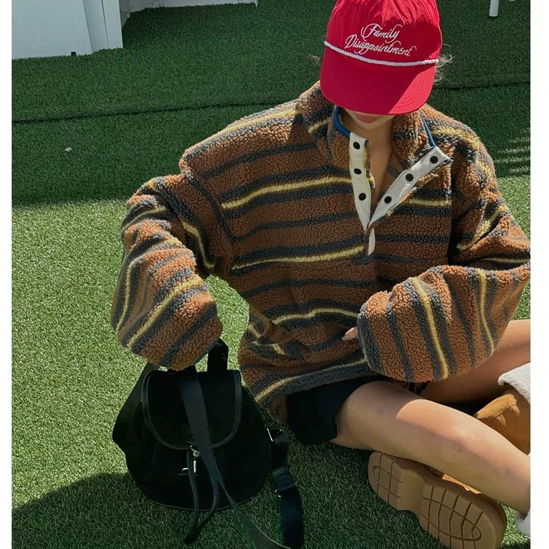 冬季新款潮流气质时尚撞色条纹半开扣宽松显瘦减龄百搭毛毛上衣-G
