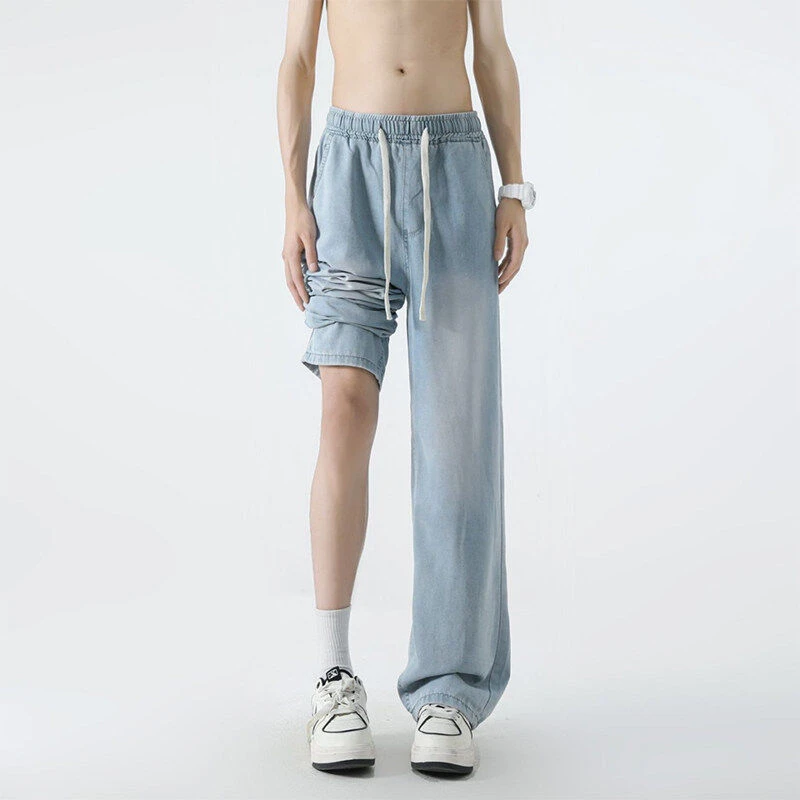 莱赛尔天丝牛仔裤男夏季冰氧凉感美式直筒微喇大码松紧腰薄款裤子