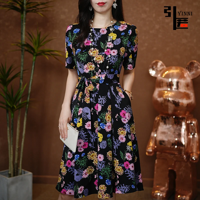 引匿(现货)A068平纹锻水印印花夏季休闲女装连衣裙（有口袋）2025夏