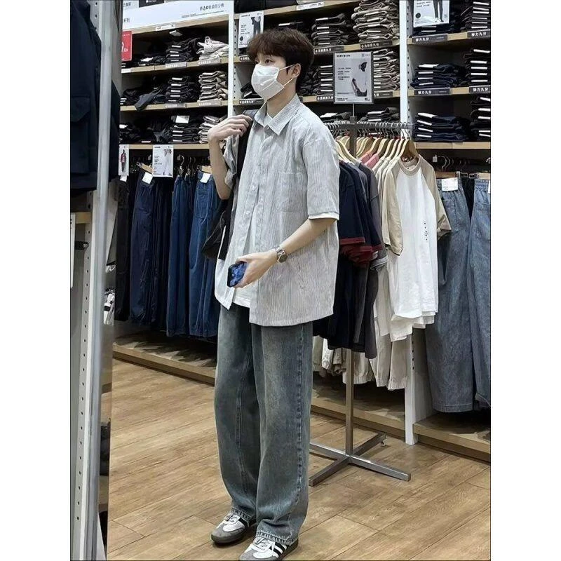 条纹短袖衬衫男夏季cityboy日系少年感穿搭衬衣设计感半袖薄外套