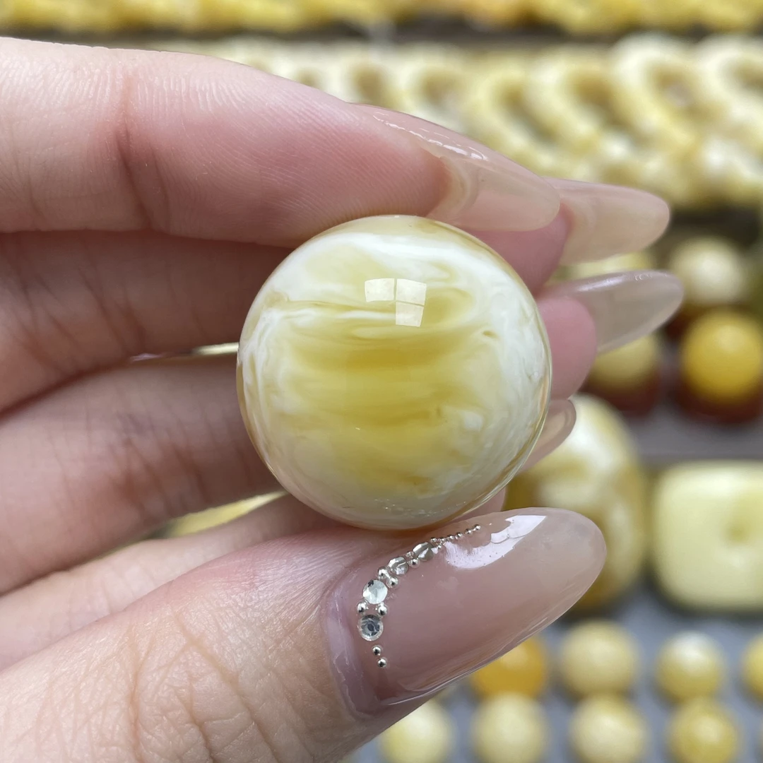 段掌柜臻选·23.9mm天然原矿蜜蜡金妖白花溶洞溏心荷包蛋圆珠