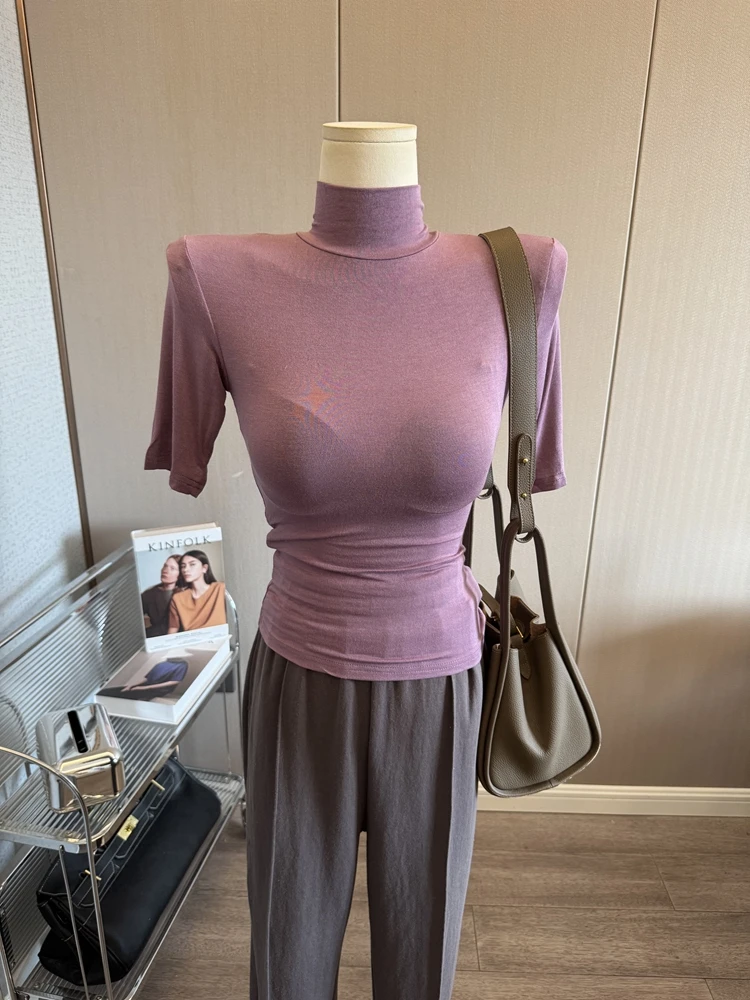 版型绝了~高领垫肩中袖打底衫修身T恤女五分袖上衣弹力内搭2025秋