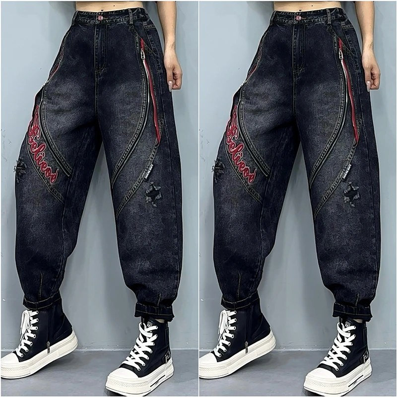 美式高街条纹拼接牛仔裤2025夏季新款宽松百搭潮流牛仔裤-55308