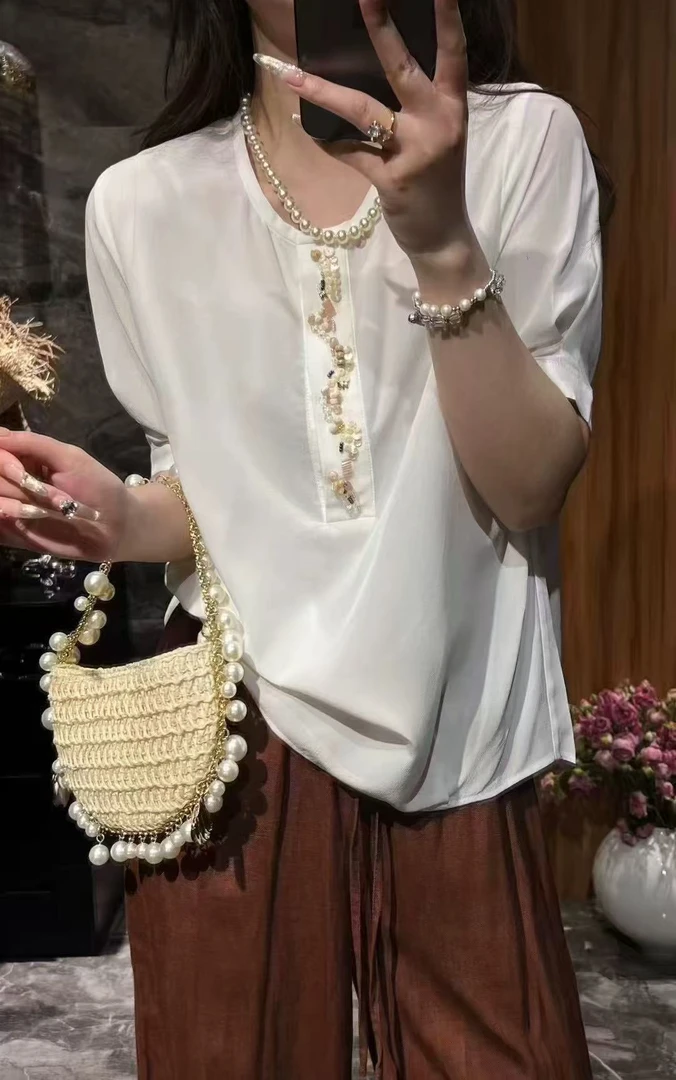 MM M胸110长62法式新款设计感半开领衬衫洋气休闲上衣短袖 1059