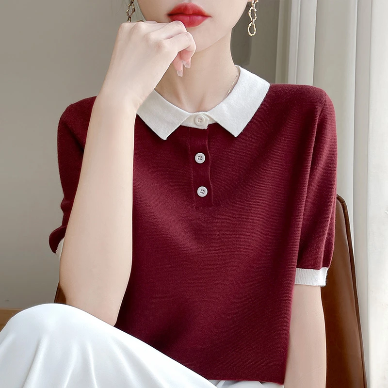 哥弟阿玛施正品夏季短袖针织衫莱赛尔娃娃领亲肤透气百搭T恤上衣