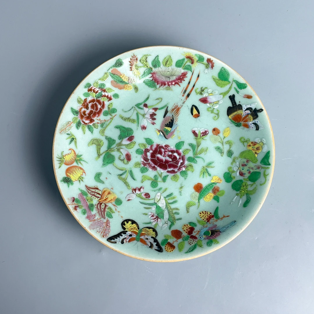 瓷器/古董道光豆青釉花鸟纹盘-M25BM002176古玩/收藏/文物/绣花张