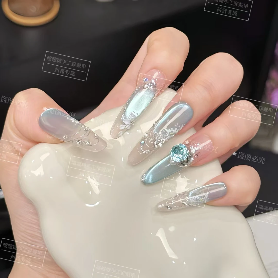 【冰川玫瑰】新品原创高定猫眼纯手工显白气质百搭穿戴甲十片D5
