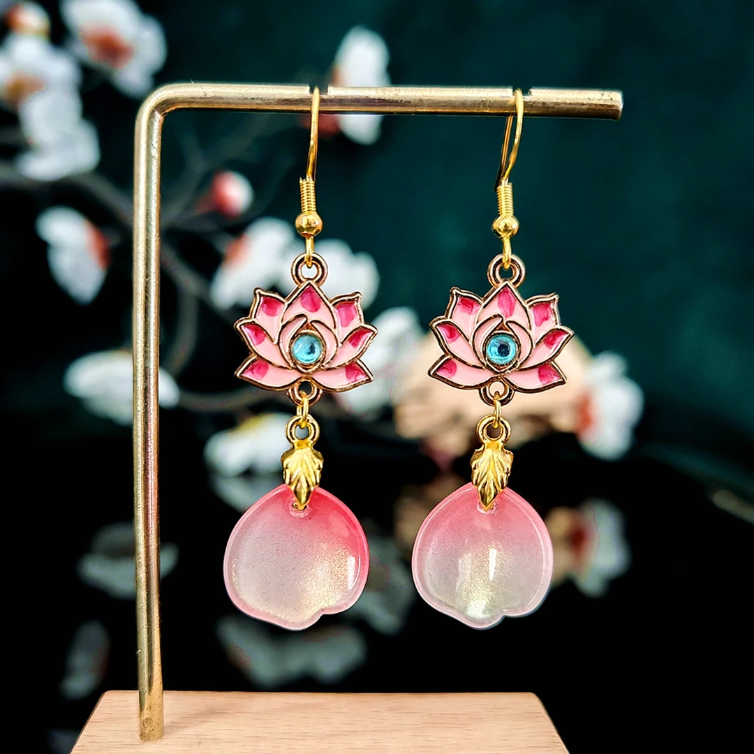 多吉米莲彩萦桃复古新中式原创高级感耳环耳夹耳饰配汉服旗袍