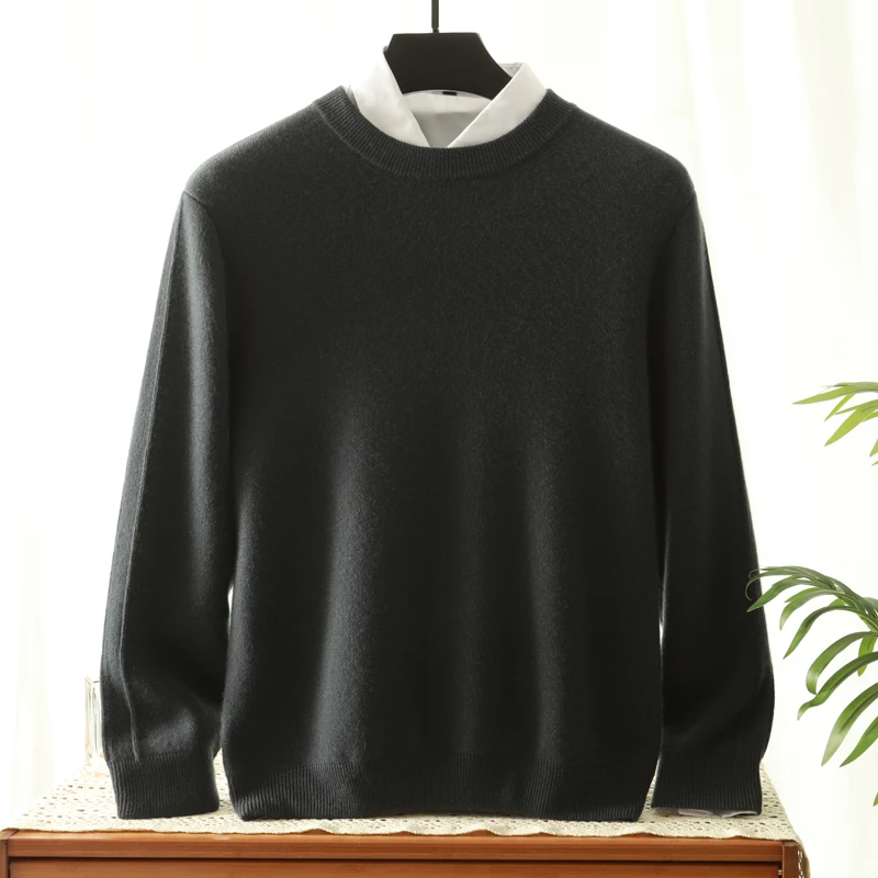 100%纯山羊绒衫男士三股四平加厚圆领毛衣宽松休闲纯羊绒重磅绒衫