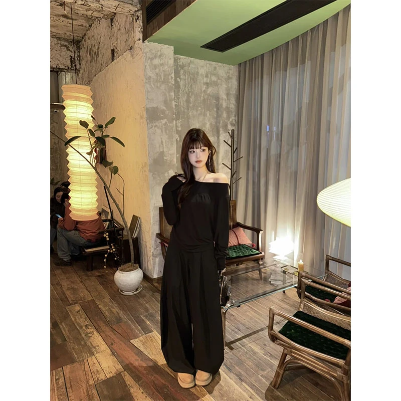 秋季新款简约高级感时尚露肩修身长袖上衣高腰百搭直筒休闲阔腿裤