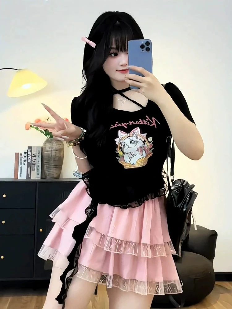 依依家大码女装甜美套装减龄显瘦百搭纯欲套装可爱猫咪拼接蕾丝